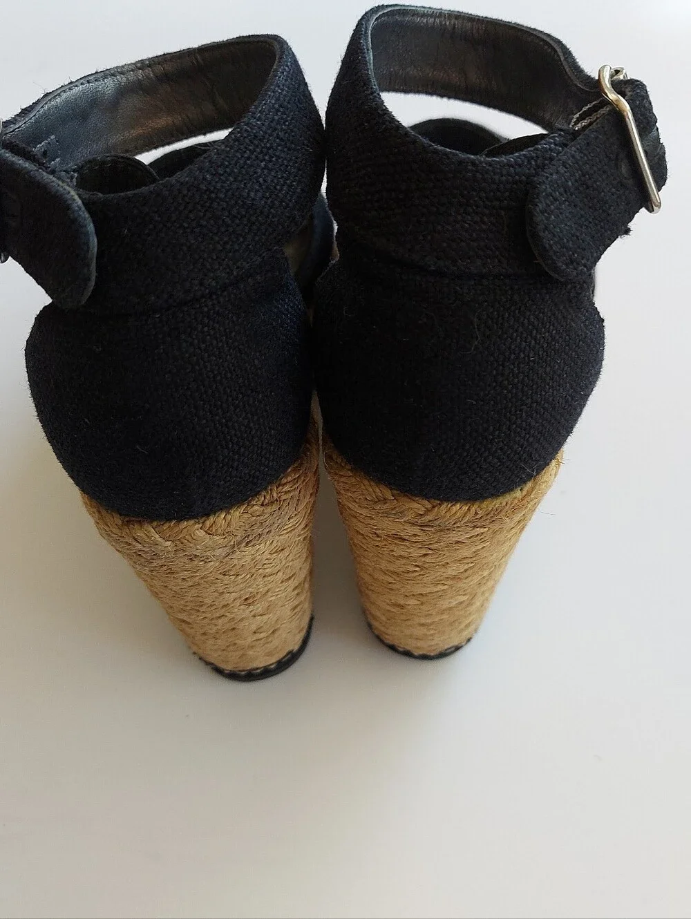 Stuart Weitzman Black Wedge Espadrille Sandals with Ankle Buckle size 6.5